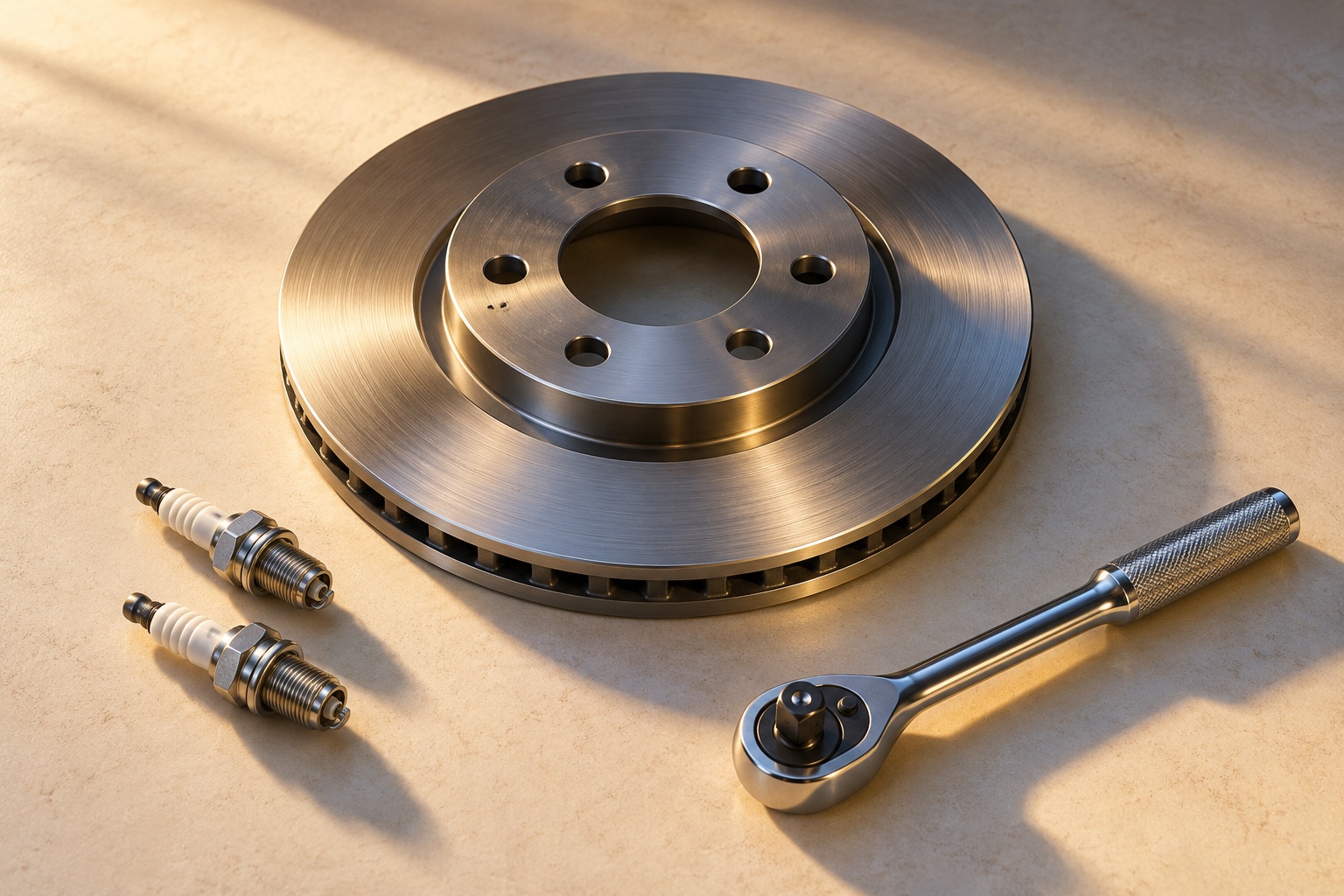 Illustrative studio study of a brake rotor, spark plugs and ratchet
